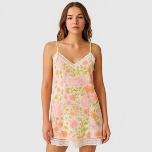 VASSARETTE VINTAGE 70s‎ Neon Floral Sheer Lace Trim Slip Nightgown Dress 32